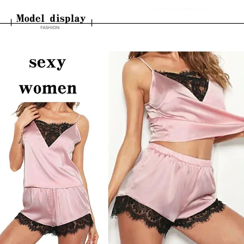 Lace Pajama Sets Ice Silk Women Pijama Mujer Strap Sleeveless Sexy Sleepwear Short Lingerie Set Female Night Wear