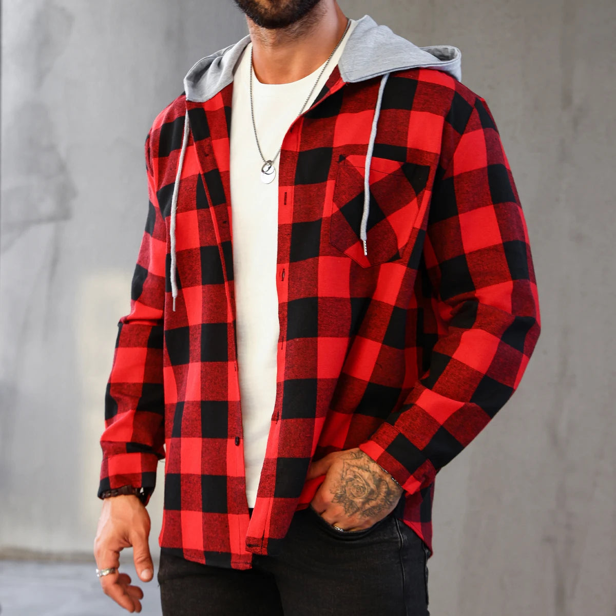 Mens Colorful Plaid Hooded Cardigan Color Block Sweatshirt with Pockets Top Jacket