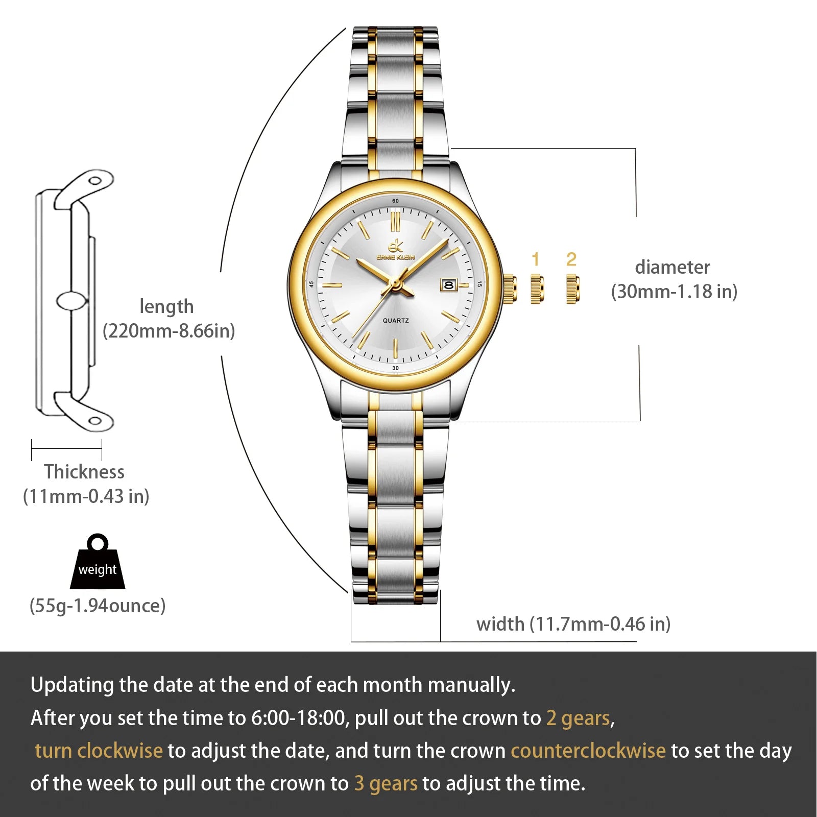 ERNIE KLEIN Women’s Watch Luxury Gold Watch OriginalDate Week Stainless Steel Waterproof Luminous Elegant Dress Ladies' Watches