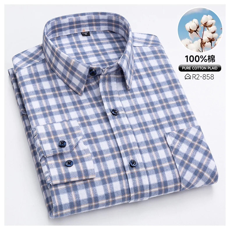 Pure Cotton Men's Plaid Shirts Long Sleeved Regular Fit Casual Office Fashion Shirts Leisure Autumn Male Check Blouses Plus Size