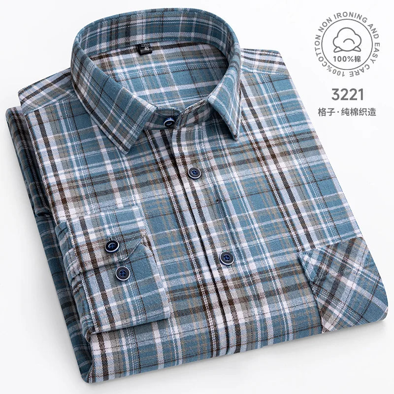 Plaid Flannel Shirts For Men Long Sleeve 100%Cotton Fashion Casual Soft Standard-Fit Man Blouse Clothes Oversize Men's clothing