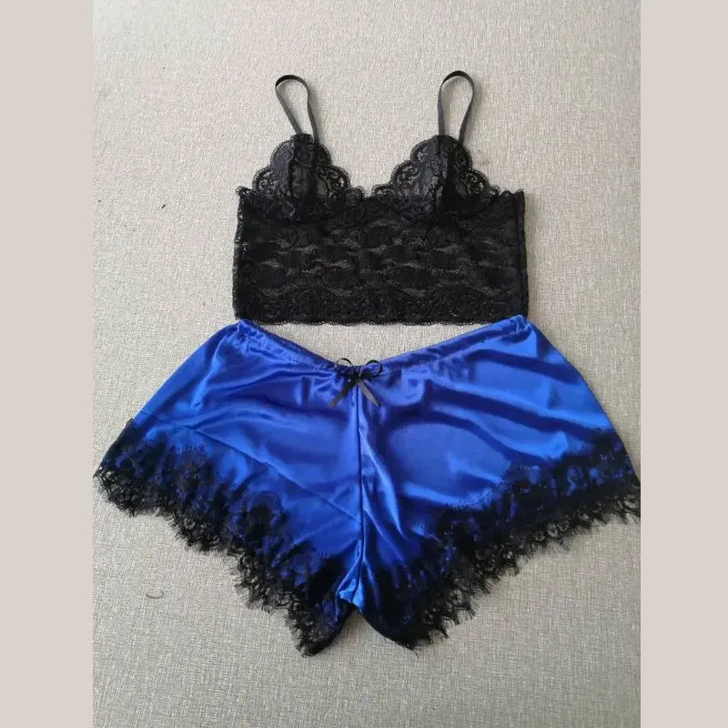 Women 2 Piece Sexy Lace Pajama Set See-Through Bralette Cami Top and Shorts Breathable Sleepwear Plus Size Summer Lingerie