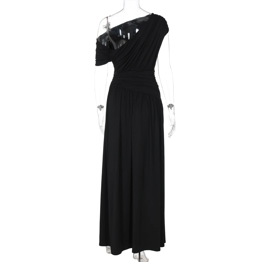 Hugcitar One Shoulder Ruched Sleeveless Solid Pleated Sexy Irregular Y2K Maxi Dress Summer Elegant Party Women Clothes Vacation