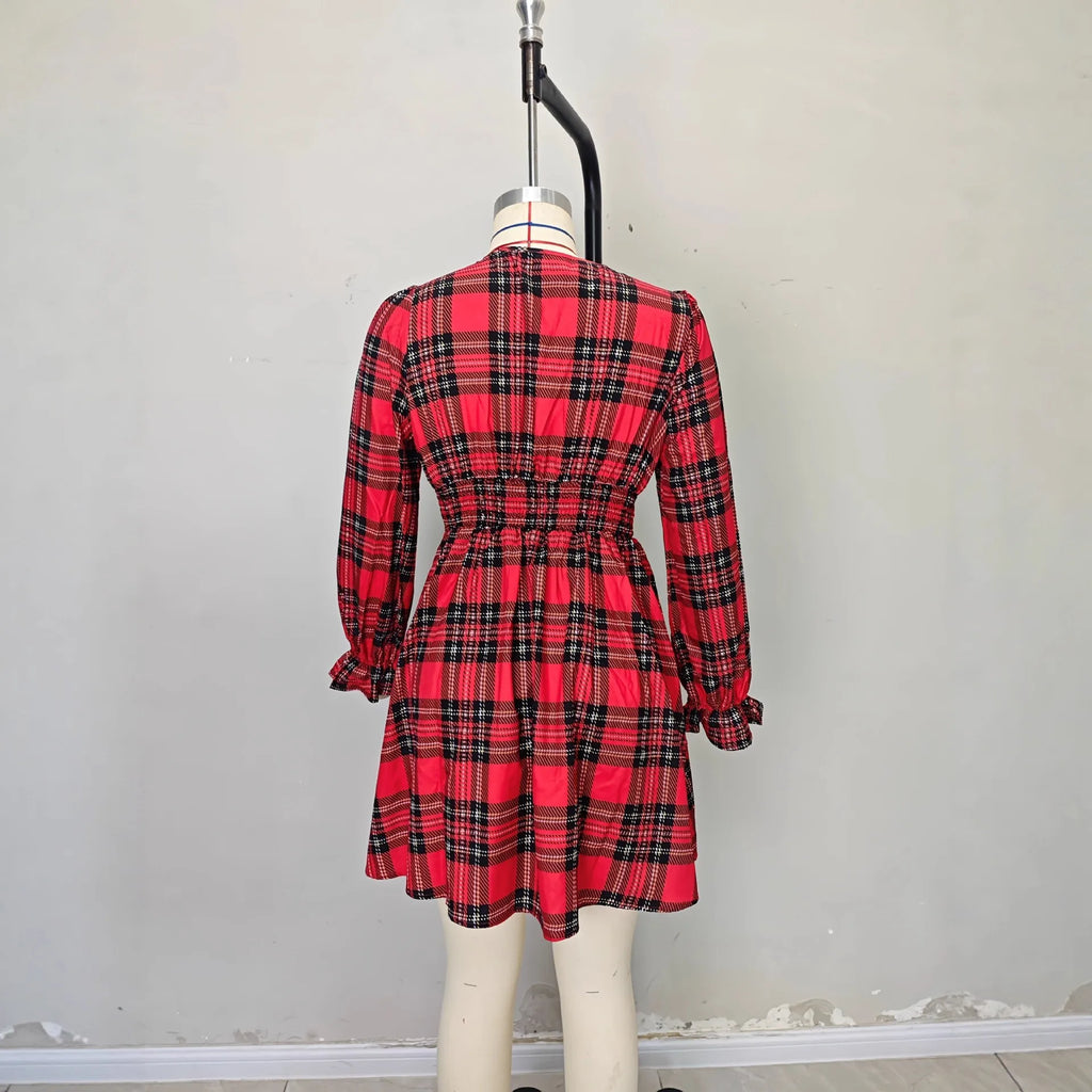 Women Plaid Dress Long Sleeve V Neck Bow Tie High Waist A Line Mini Dress Vintage Tartan Skater Dress Autumn Outfit