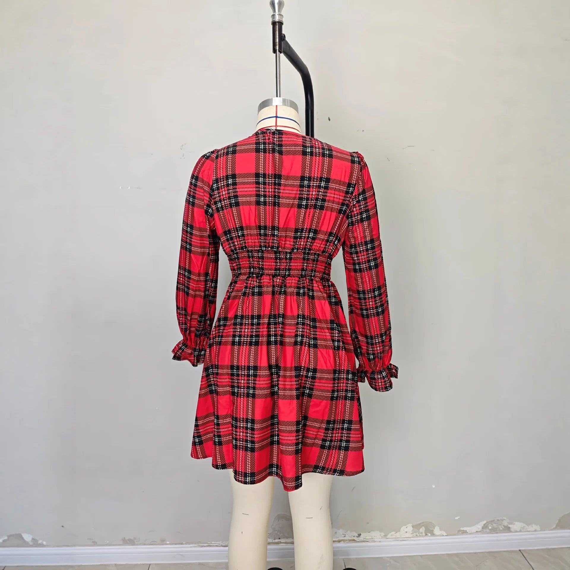 Women Plaid Dress Long Sleeve V Neck Bow Tie High Waist A Line Mini Dress Vintage Tartan Skater Dress Autumn Outfit
