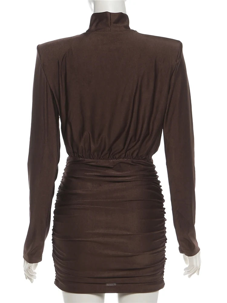 Nibber Classic Turtleneck Dress Women Shoulder Padded Ruched Sexy Office Commute Simple Peach Hip Skinny Elegant Mini Bodycon