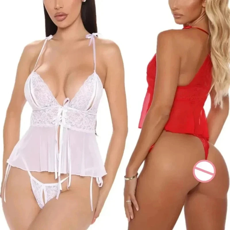 2025 Sexy Babydoll Lingerie Set, Solid Color Strappy Ruffle Tank Tops Underwear and G-string Sleepwear for Women, White/Red
