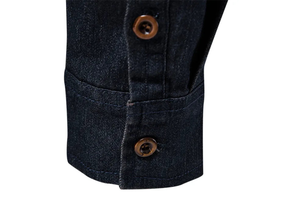 Men's casual solid - color long - sleeve denim shirt, a fashionable and versatile breathable cotton coat.