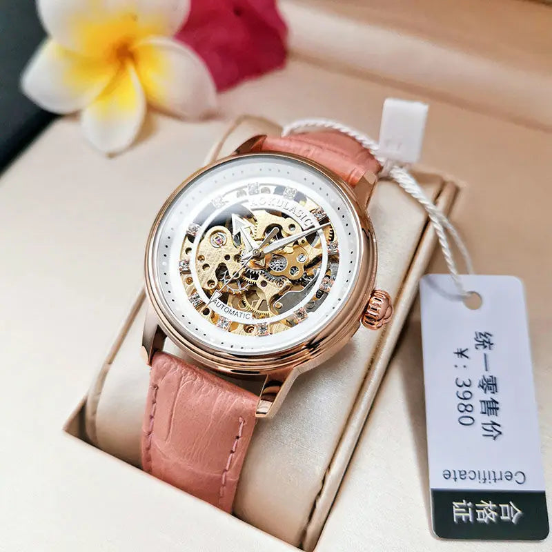 Augas Genuine Cut Out Diamond-Encrusted Fully Automatic Mechanical Watch for Women, Fashionable and Simple Luminous Waterproof Watch for Female Students, a Trendy for Her Best Gift, Without Battery