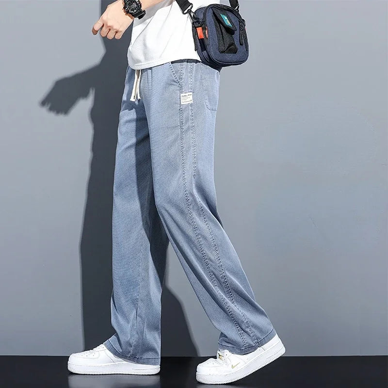 High Quality Summer Lyocell Fabric Men's Jeans Thin Straight Pants Drawstring Elastic Waist Korea Casual Trousers Plus Size