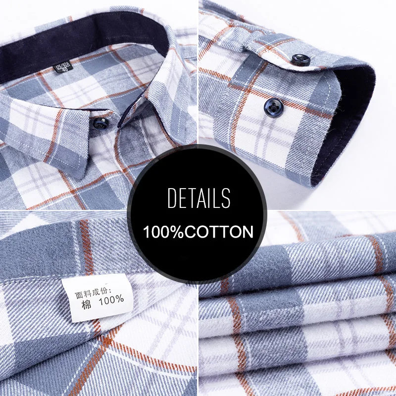 Cotton Flannel Mens Checkered Shirts Long Sleeve Soft Plaid Shirt for Men Leisure Classical Vintage Comfortable Man Clothing New