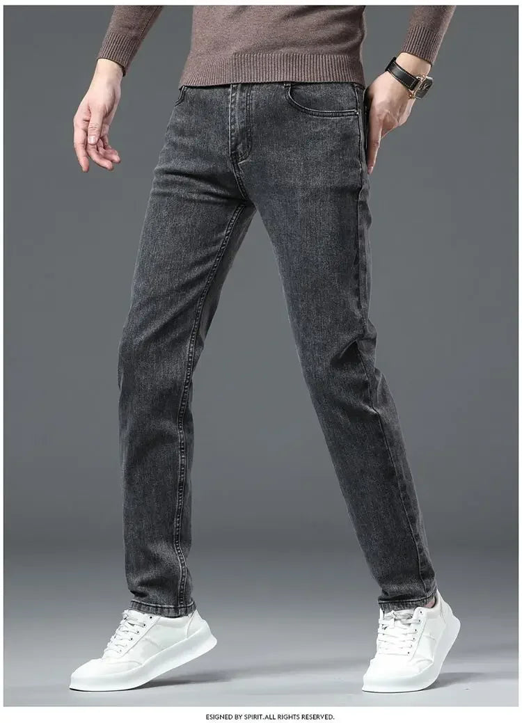 Amekaji Men Fashion  Slim Fit Jeans Male Elasticity Smart Casual Mid Classics Straight Denim Pants Wedding Party Black Trousers