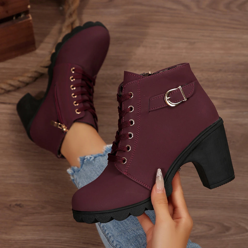 2025 Women High Heel Ankle Boots Autumn Lace Up Comfortable Short Boots Retro Fashion New Trend Lady Shoes Women Botas De Mujer