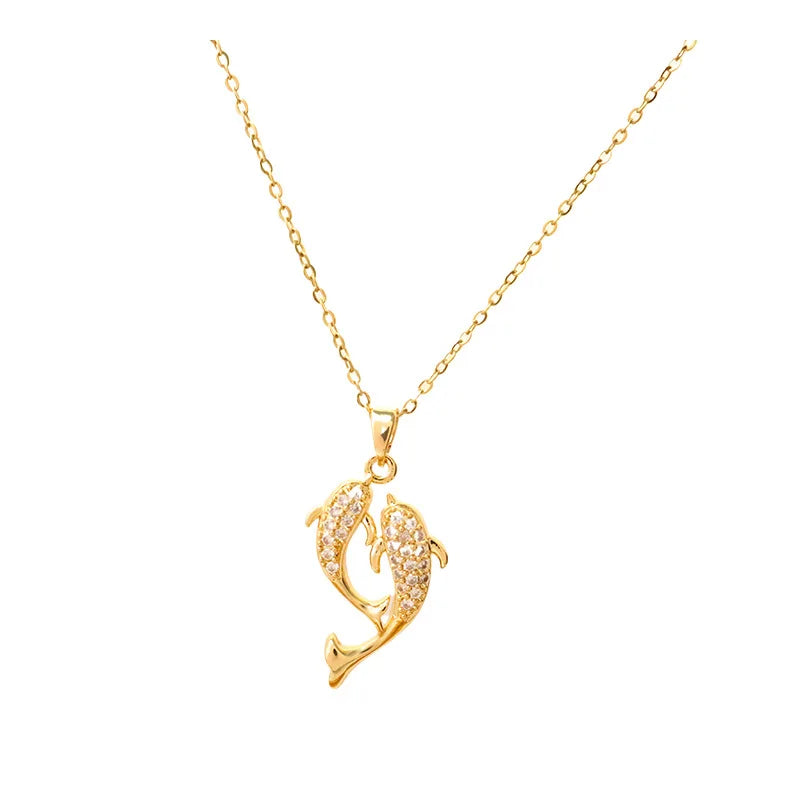 Exquisite titanium steel necklace with dolphin pendant,  sparkling zircon,  women's lock collar chain jewelry