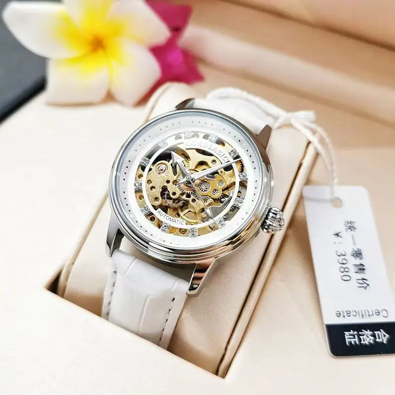 Augas Genuine Cut Out Diamond-Encrusted Fully Automatic Mechanical Watch for Women, Fashionable and Simple Luminous Waterproof Watch for Female Students, a Trendy for Her Best Gift, Without Battery