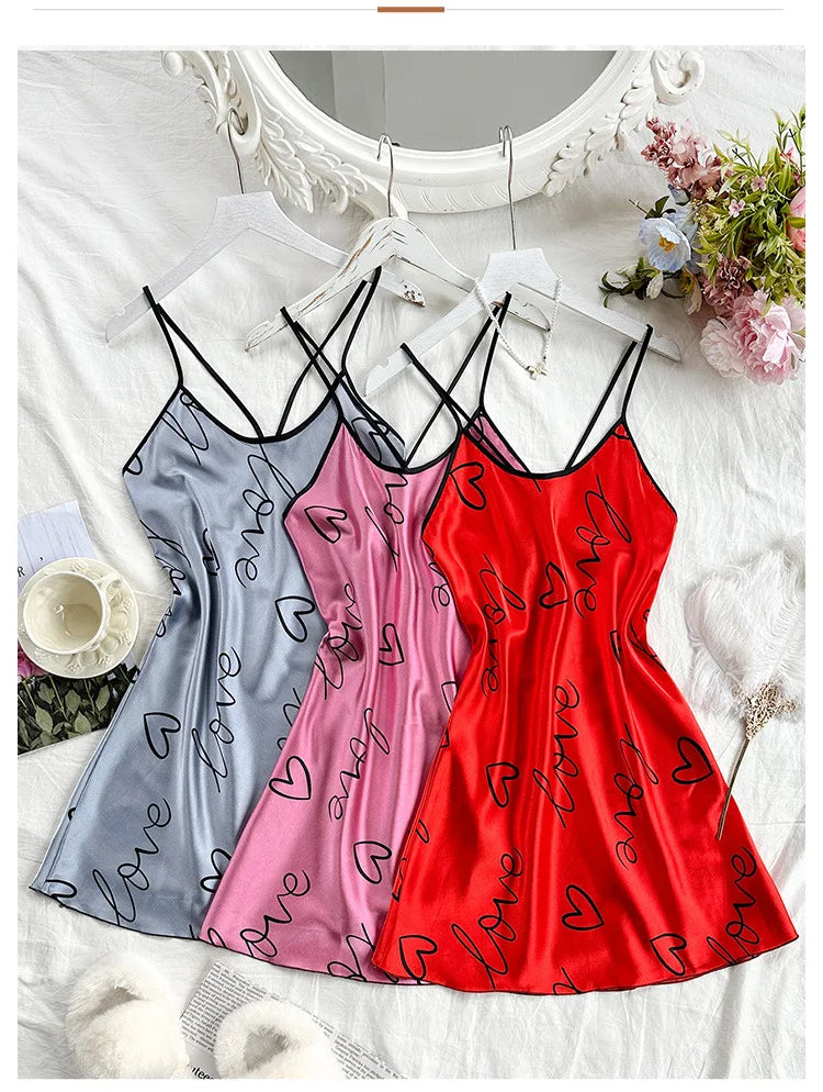 Heart Letter Print Nightdress Casual Round Neck Spaghetti Strap Sleep Dress Women's Sleepwear Dresses