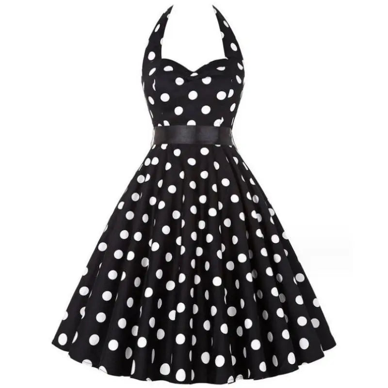 Women Summer Polka Dot Vintage Dress Fashion Party Office Lady Rockabilly Big Swing Halter Clothes