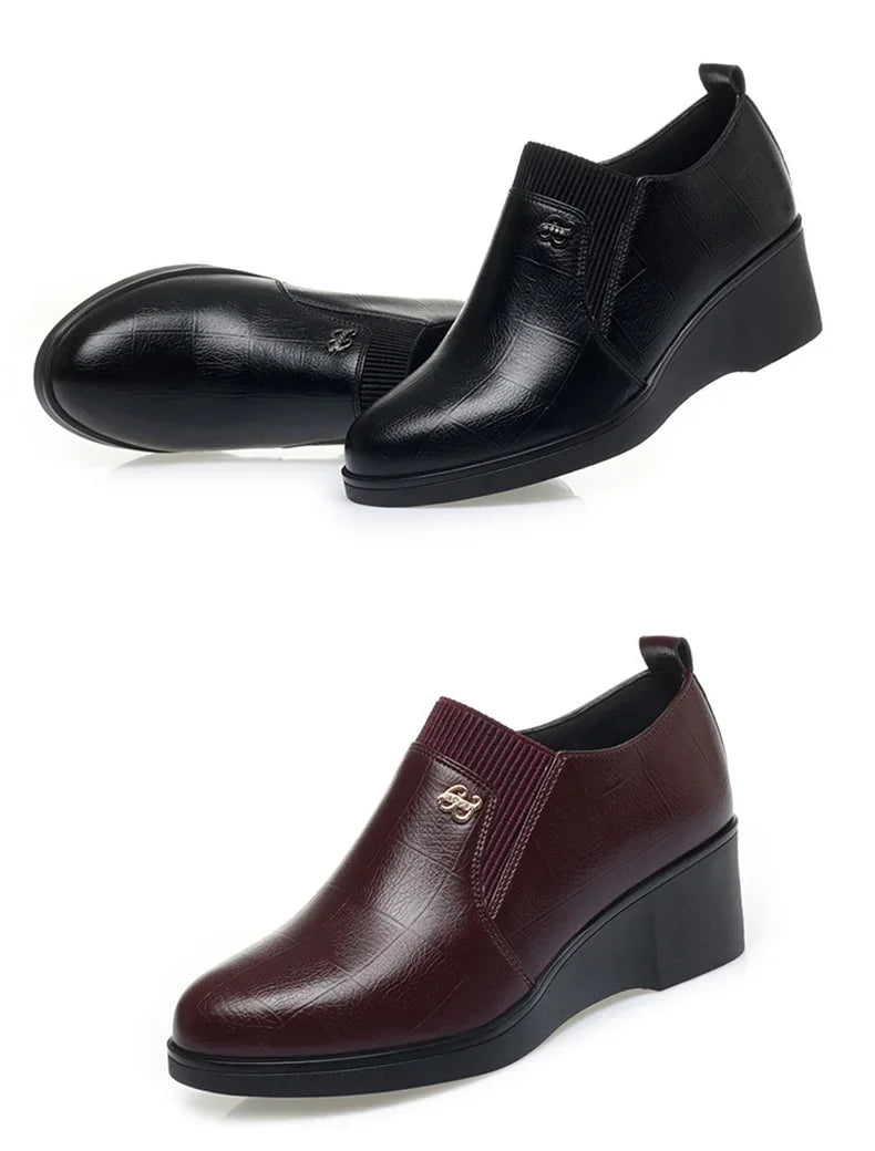 4.5cm Comfortable Deep Mouth Soft Leather Shoes Flexible Loafers Women 2024 Spring Platform Wedges Shoes for Office Mom Work