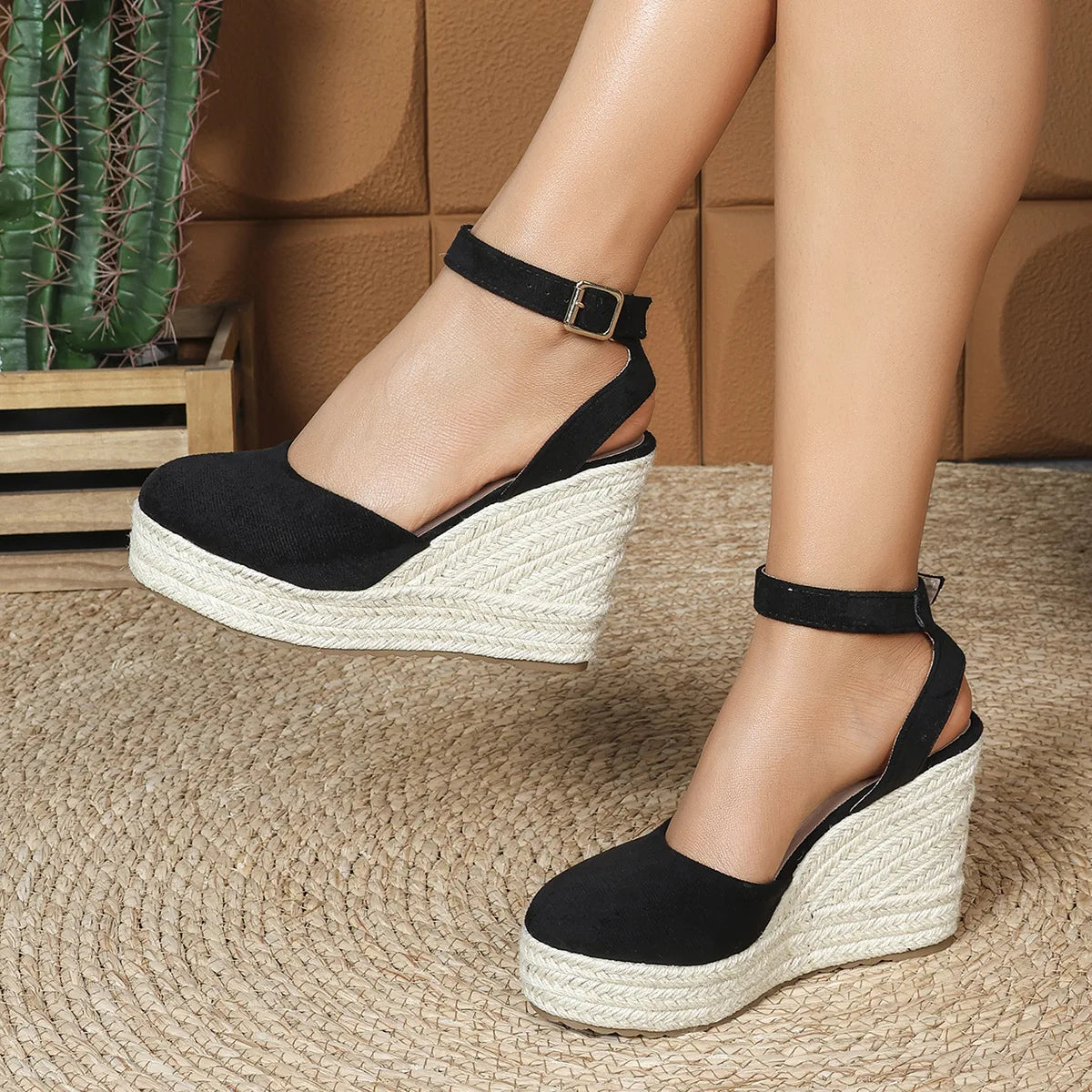 LIHUAMAO suede heel sandals wedges espadrilles shoes platform sandals Women casual mule shoes outdoor thick outsole weave rope
