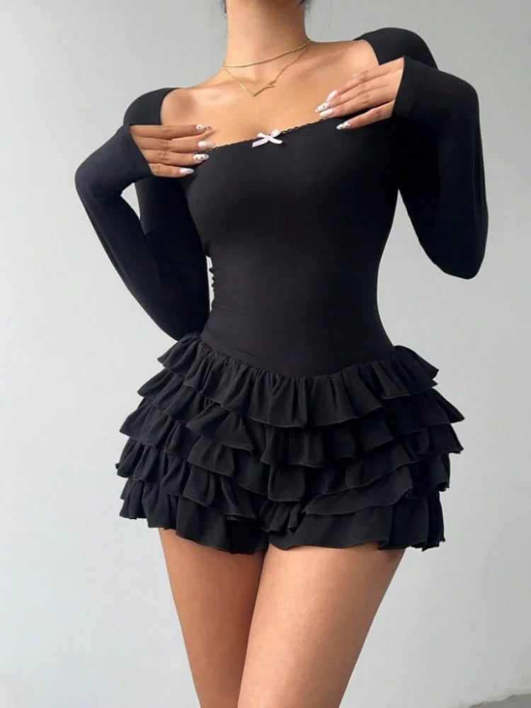 Fashion Ruffled Lace Panel Long Sleeve Dress Irregular Hem Feminine Elegant Vintage Style Party Casual Wear For Women