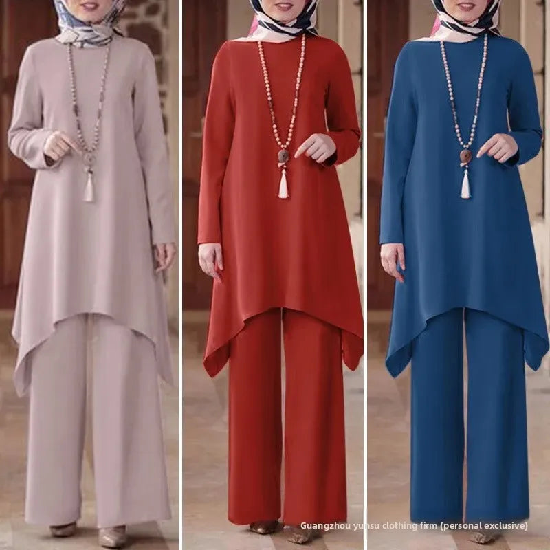 Hot Sale Of The Season Muslim Women's Fashion Casual round Neck Overhead Long Pants Midi Skirt Set Solid Color Middle East Cross