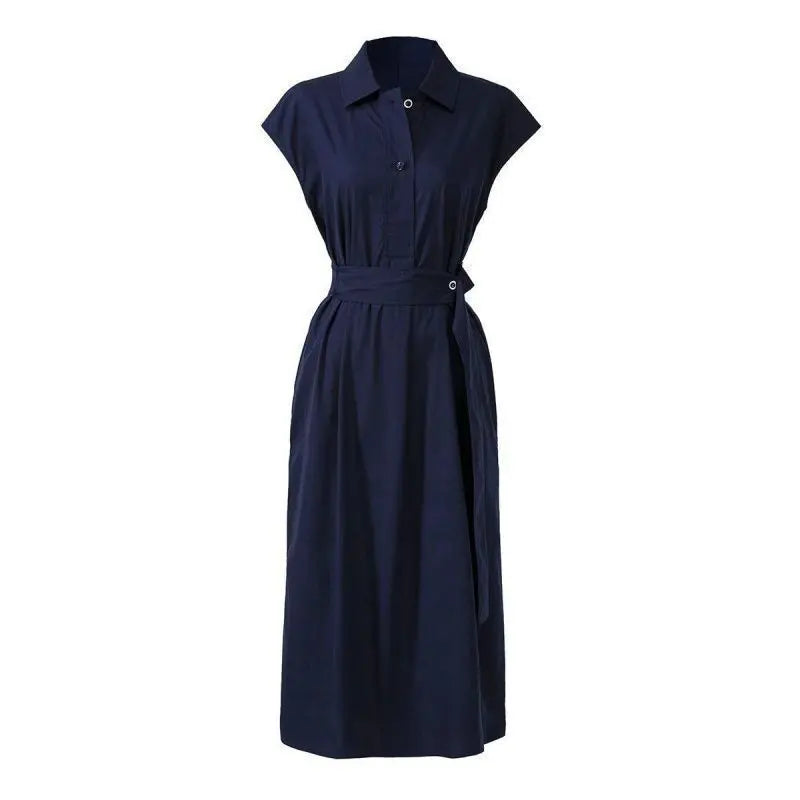 Summer New Elegant Fashion Polo-neck Shirring Waist A-line Dresses Ladies Short Sleeve Temperament Simple Dress Robe Vestidos
