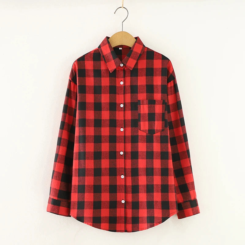 Fresh Flannel Plaid Shirt Women 2025 New Female Blouses and Tops Cotton Loose Long Sleeve Casual Shirts Fine Women's Clothes