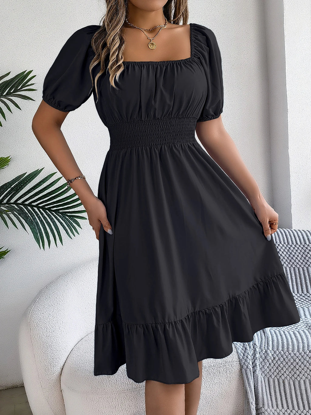 Spring Summer Elegant High Waisted Dress Square Neck Short Sleeved Ruffled Edge Long Dresses for Women 2026 Valentine's Day