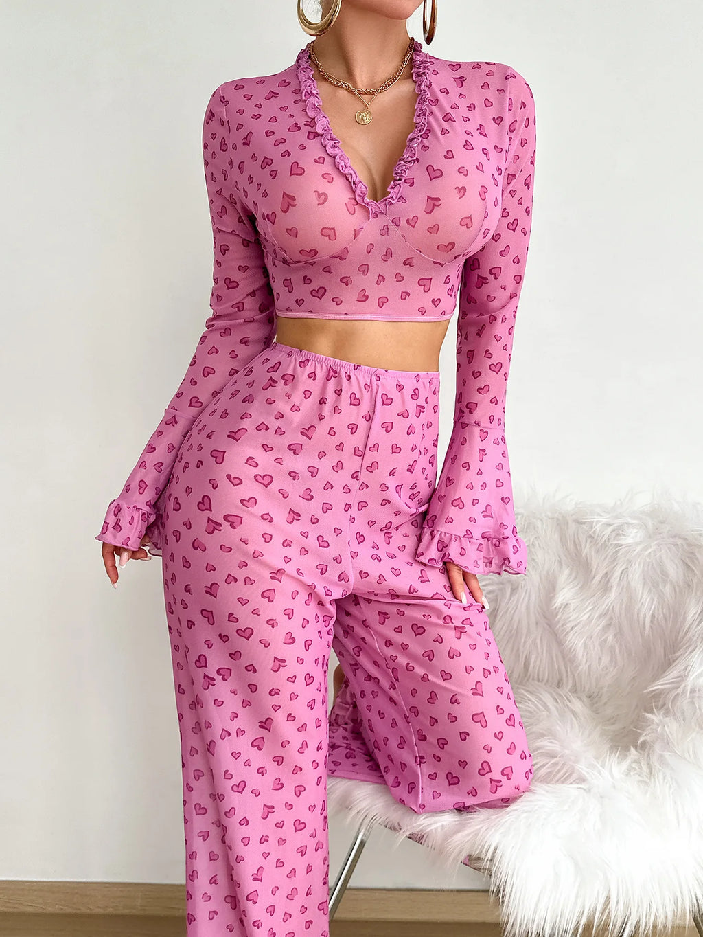Sexy Lingerie Suit for Women Valentine's Day Passion Uniform Love Print Long-sleeved Trousers Pajamas Set Perspective