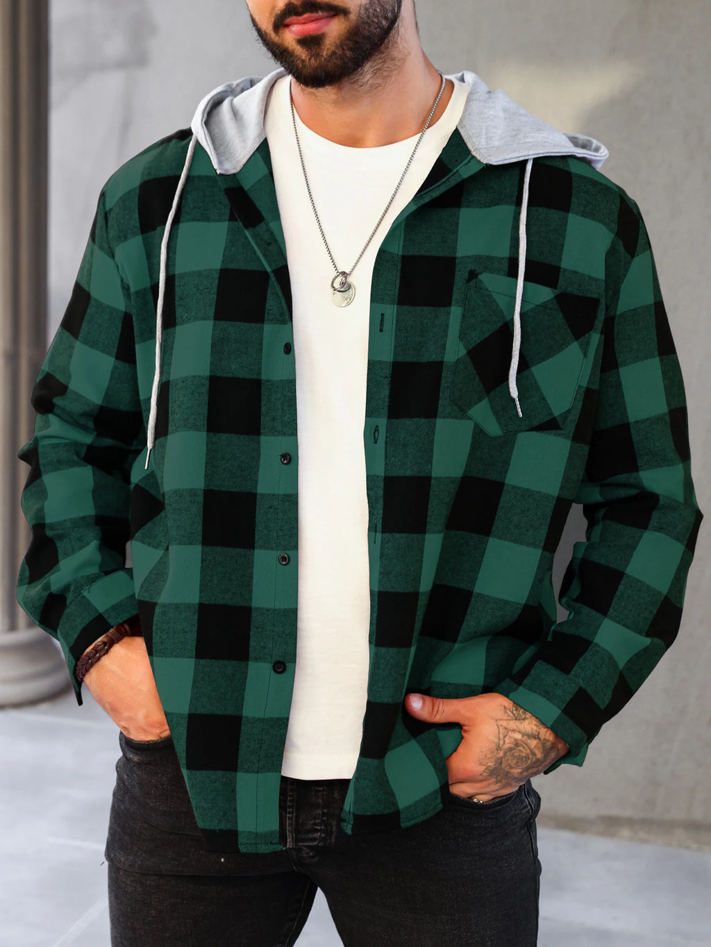 Mens Colorful Plaid Hooded Cardigan Color Block Sweatshirt with Pockets Top Jacket