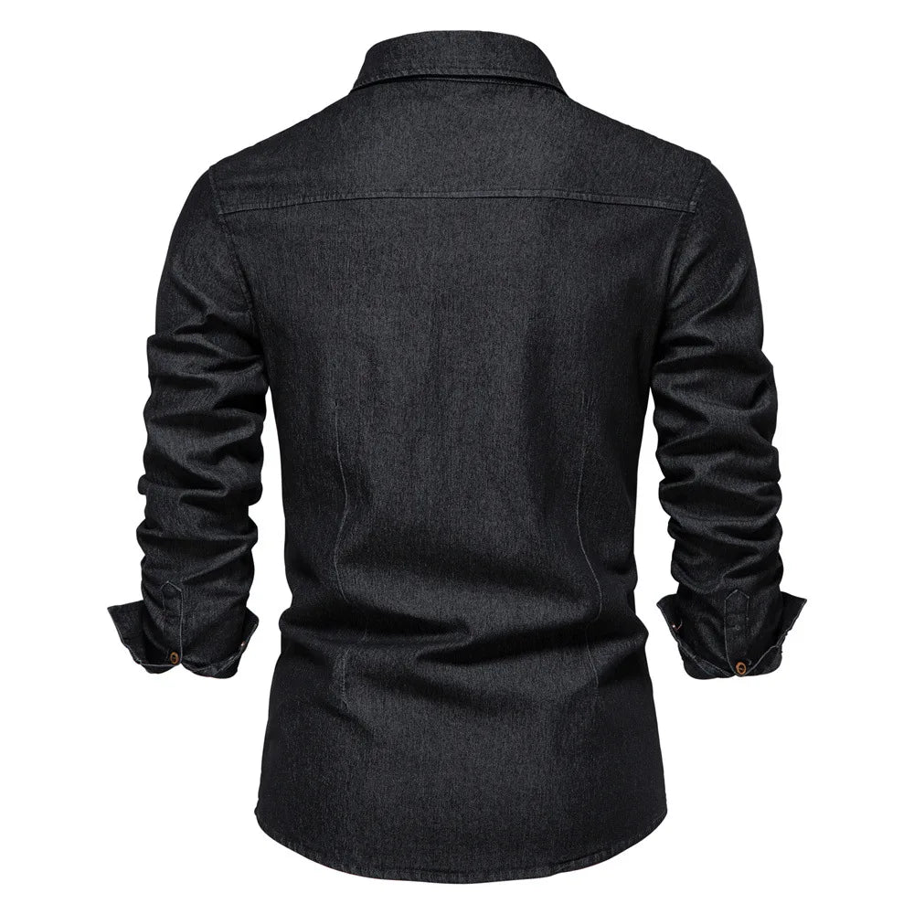 Men's casual solid - color long - sleeve denim shirt, a fashionable and versatile breathable cotton coat.