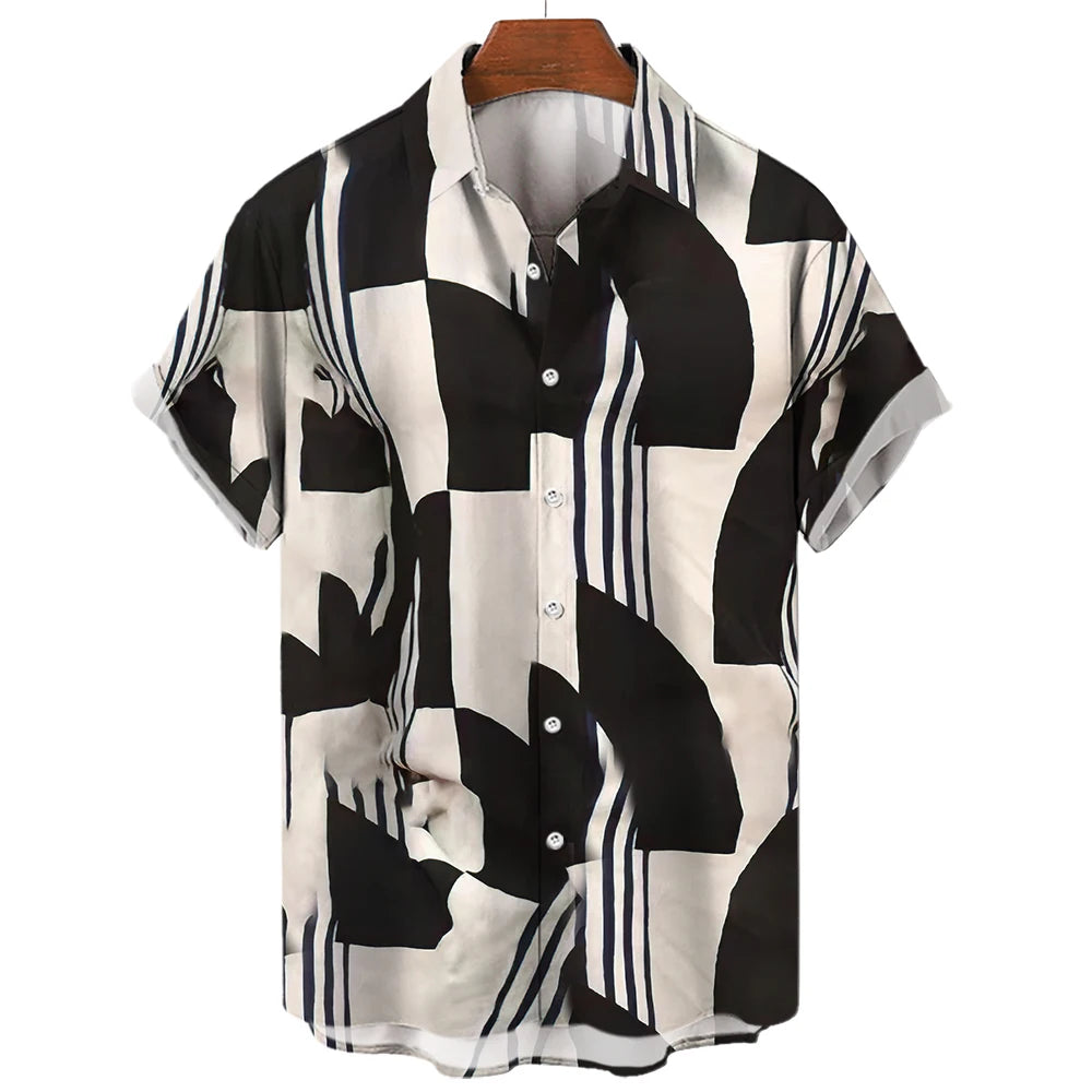 Men's Hawaiian Shirt Summer Stripes Print Short Sleeve Top Tees Fashion Casual Social Shirts Lapel Button Oversized Men Clothing