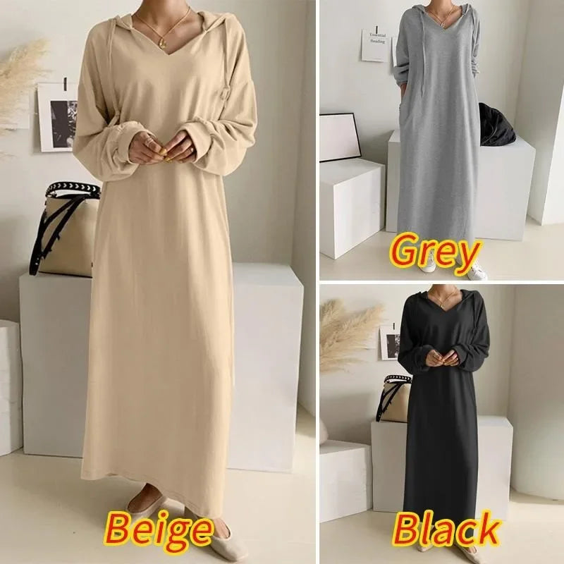 Autumn Women's Dress 2024 New Fashion Simple Retro Hooded Dress Sweatshirt Winter Long Sleeve Pocket Solid Hooded Robe