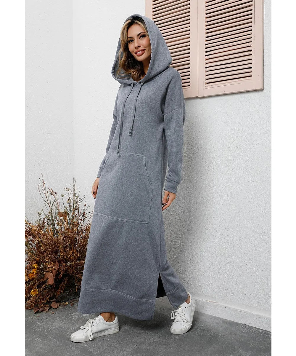 Autumn Winter New plus Size Loose Knitted Long Dress Hoodie Fleece Casual Fashion Dress Large Pocket Skirt Elegant Commute