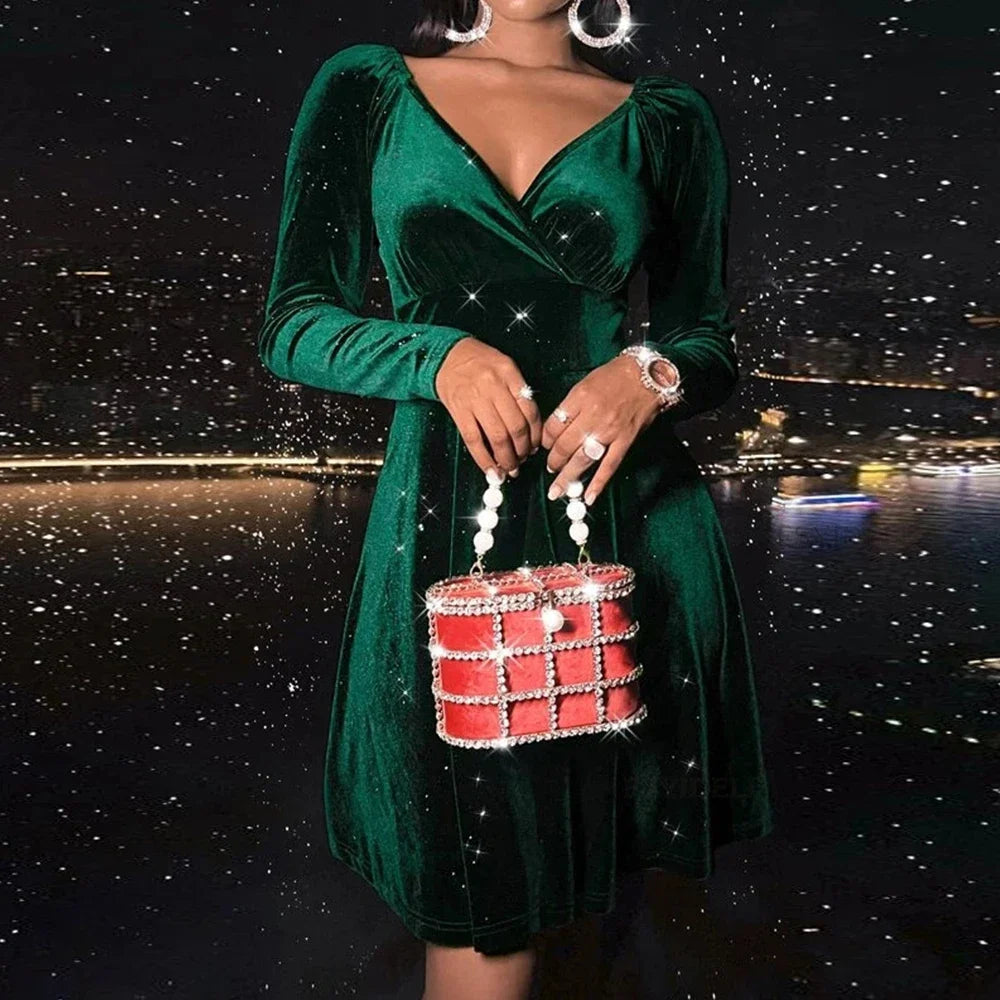 Women's Dresses Autumn Winter Decent Plain Long Sleeve Plunge Neck Nipped Waists Mini A-Line Party Dresses