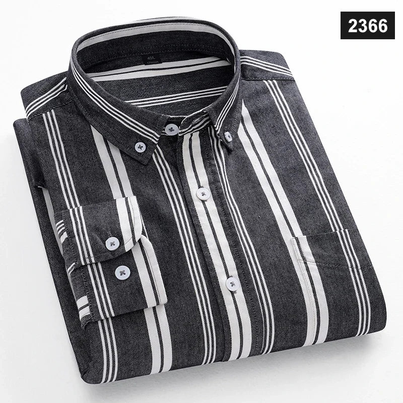 Men Cotton Oxford Striped Casual Long Sleeve Shirts New Fashion Businessman Office Daily Classic Men Top Clothing Dress Regular
