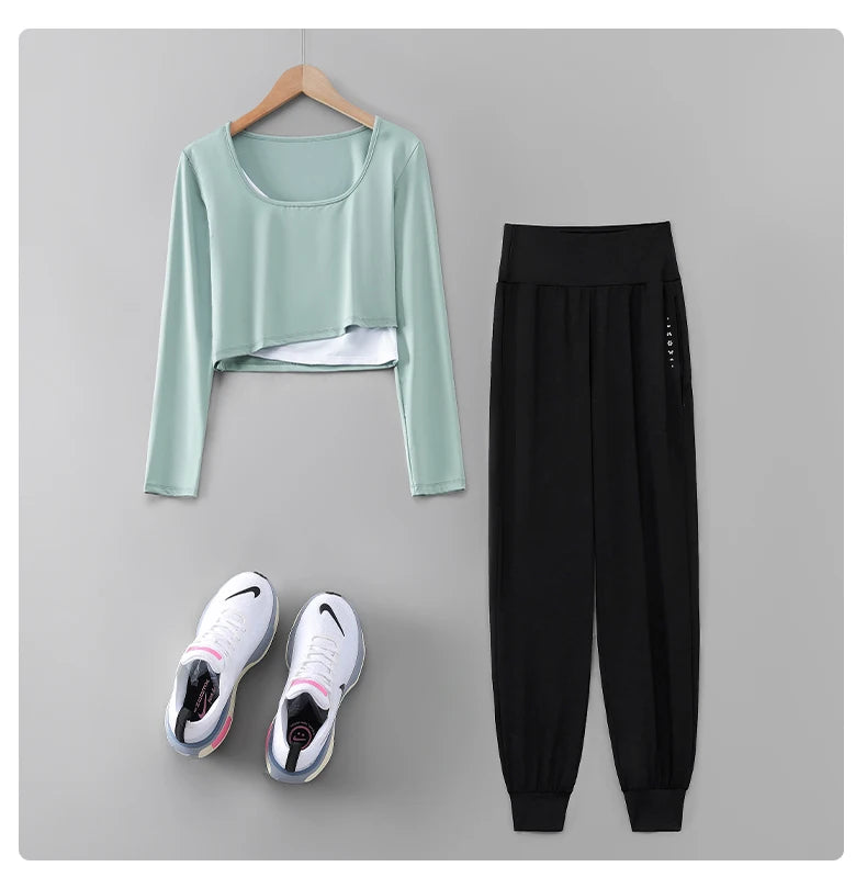 DRUR Women Yoga Set Loose Fit Gym Outfit Long Sleeve Top Pants 2 Piece Sportswear Outfit Running Jogging Suit Fitness Clothing