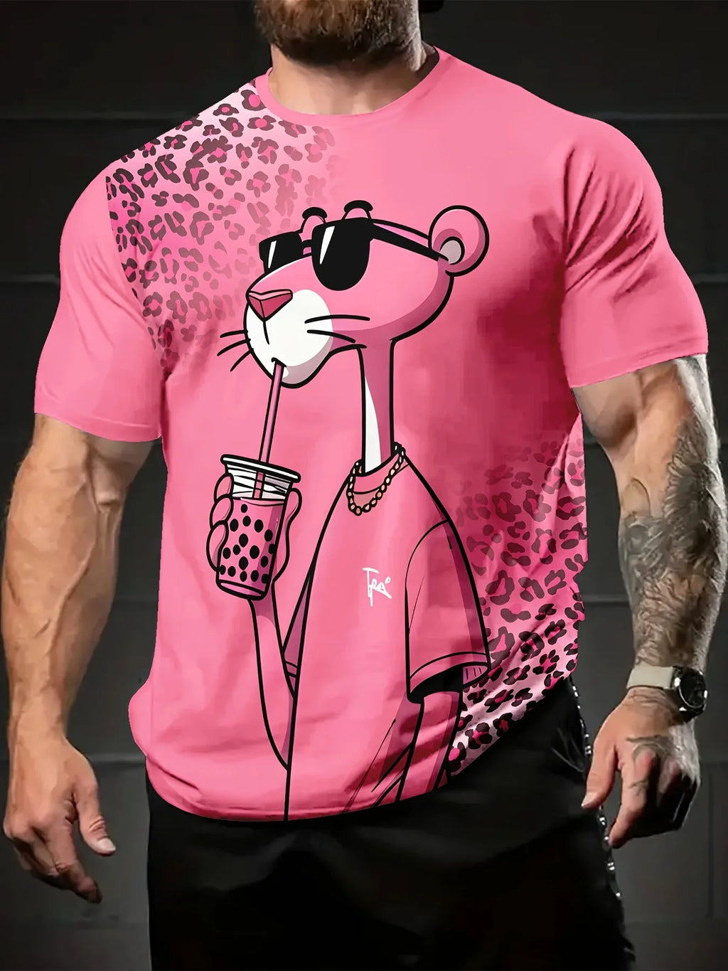 Men's Plus Size Casual Sports Tee - Pink Leopard Print with Stylish Cartoon Rat Graphic,Polyester,Machine Washable,Workout