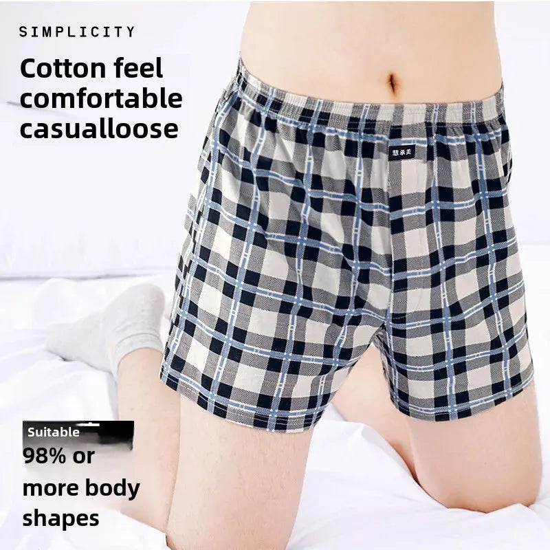 Breathable Cotton Men's Mid-Waist Shorts Plus Size Loose-Fit Plaid Underpants For Home Sleep Summer Loungewear