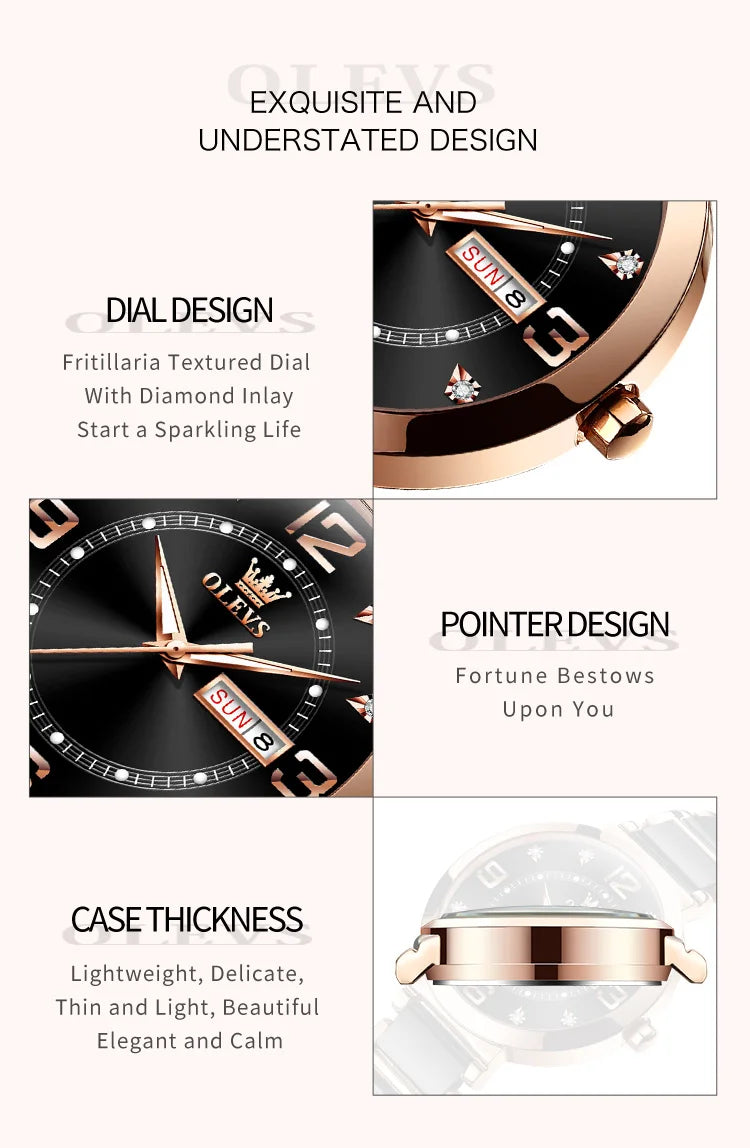 OLEVS New Ceramics Watchstrap Watch For Women Luxury Business Diamonds Wristwatch Fashion Waterproof Dual Calendar Woman Watches