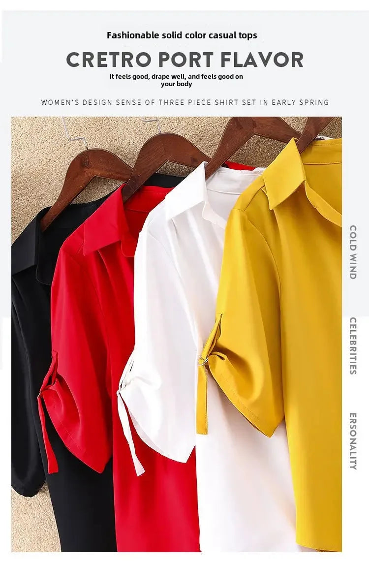 Women's Slimming Chiffon Top 2024 Summer New Style Medium-Length Short Sleeves Plus Size Loose-Fit Waist-Fitted Shirt