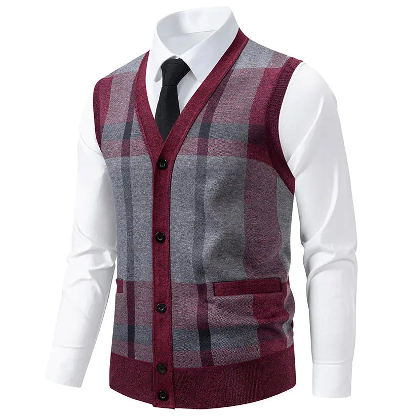 New Mens Fleece Knitted Vest Sleeveless Autumn Winter V Neck Sweater Vest Button Front Knit Cardigan Vest