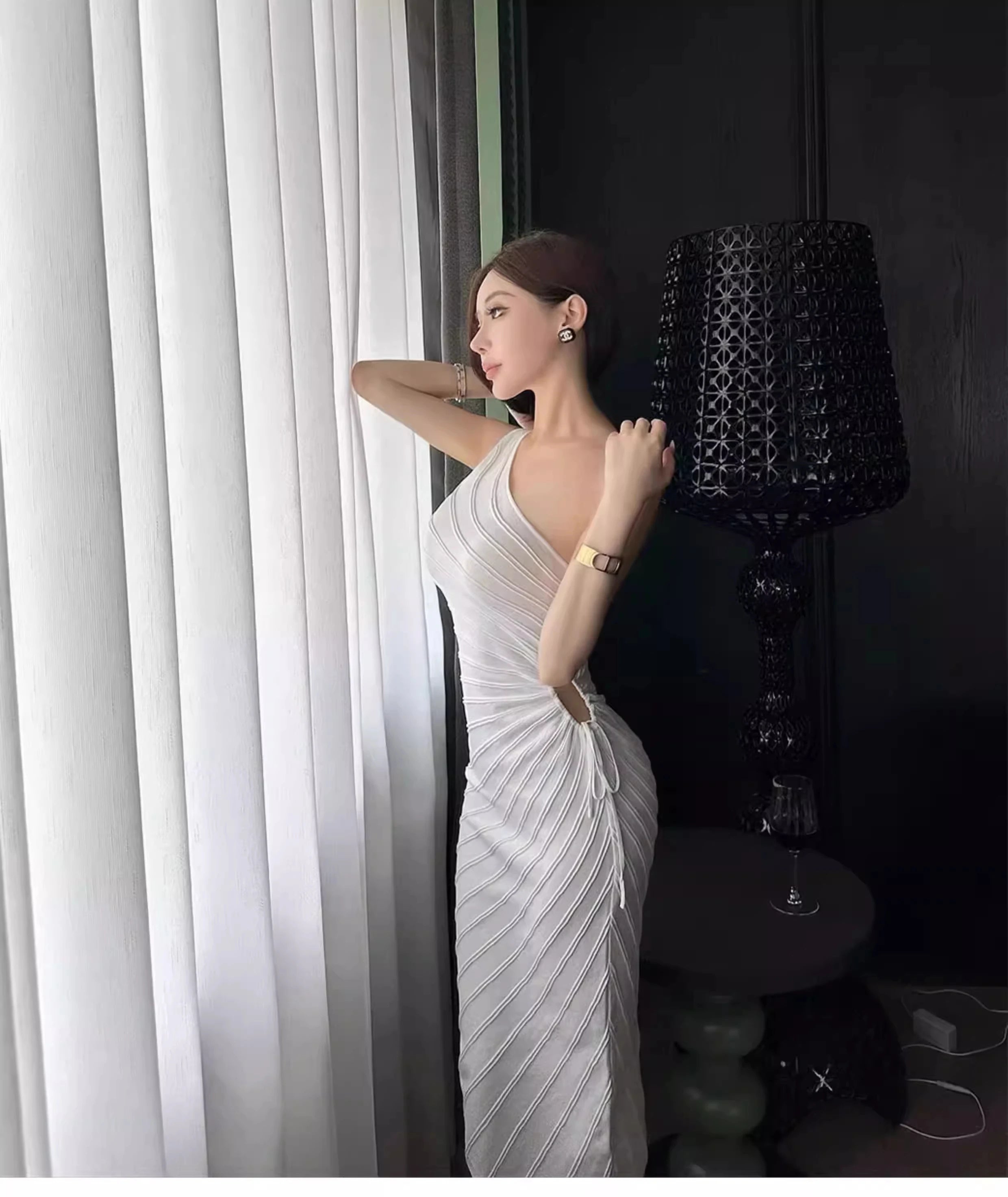Women Elastic Summer Simple Party Dresses Sexy Irregular One Shoulder Stripe Sheath Pencil Dress