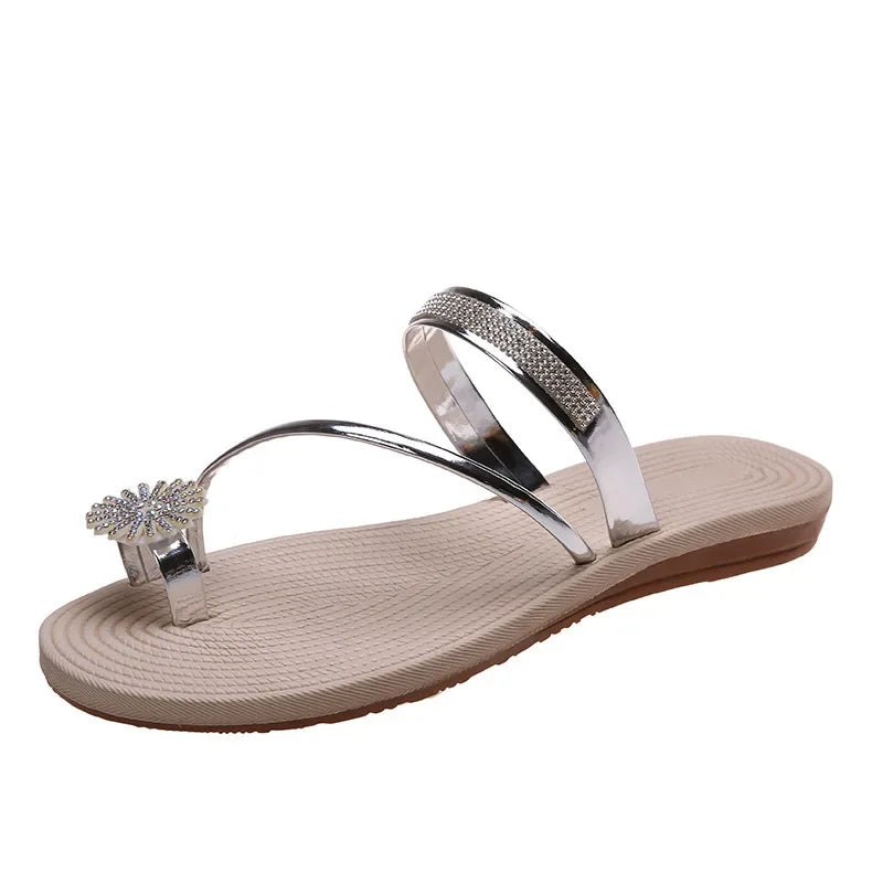 Women Summer Flat Rhinestone Flower Beach Slippers Comfy Clip Toe Lady Flat Beach Sandals Casual Female Flip Flops Zapatos Mujer