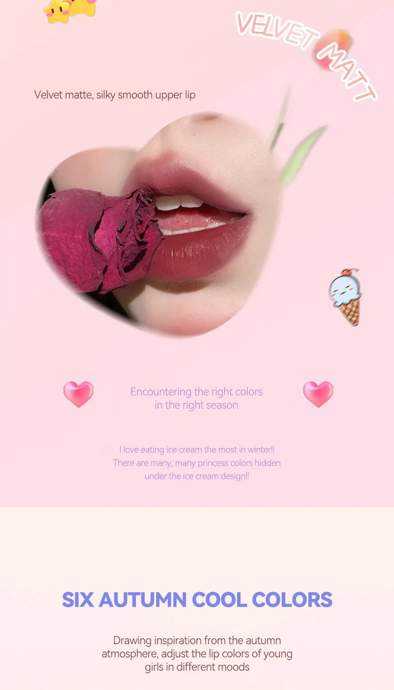 HEYYUE Ice Cream Lip Glaze — Velvet Matte Finish, Pudding Lip Clay, Student-Friendly Everyday Skin-Brightening Lipstick