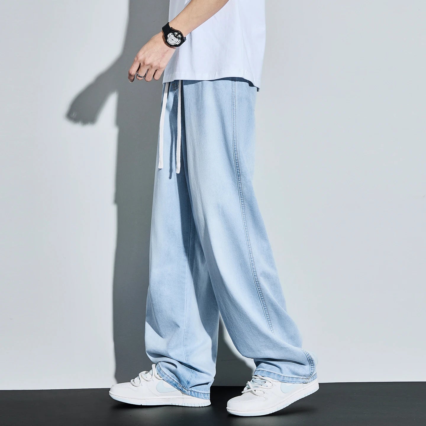 High Quality Spring Summer Lyocell Men's Jeans Baggy Straight Drawstring Streetwear High Street Trousers Male 7 Color