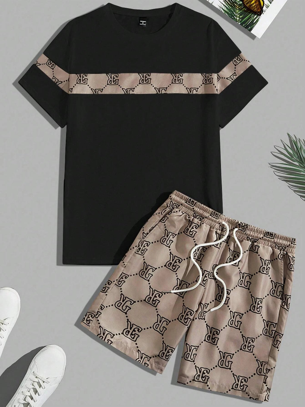 Round-neck Printed Retro Men's Suit, Two-piece Set Short-sleeved Shirt, Comfortable And Breathable Suit