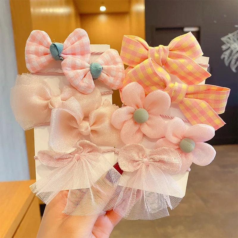 10Pcs/Set Bow Flower Elastic Hairbands for Kid Sweet Hair Ties Fashion Headbands Hair Accessories Rubber Band for Kid