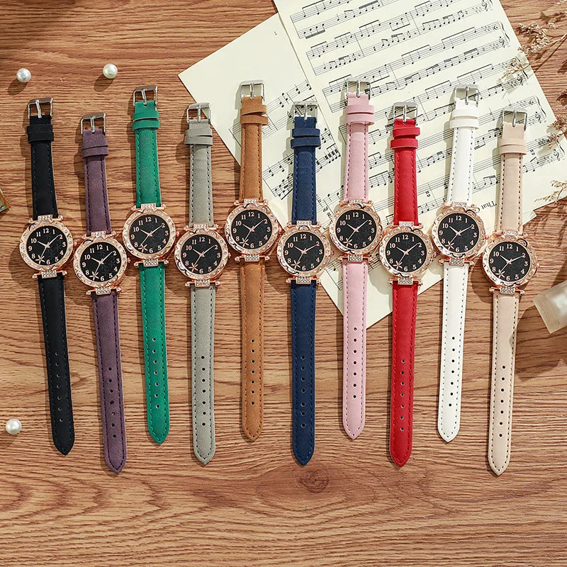 Fashion Sunflower Dial Watch Rose Gold Women's Starfish Quartz Watch Leather Strap Temperament Water Diamond