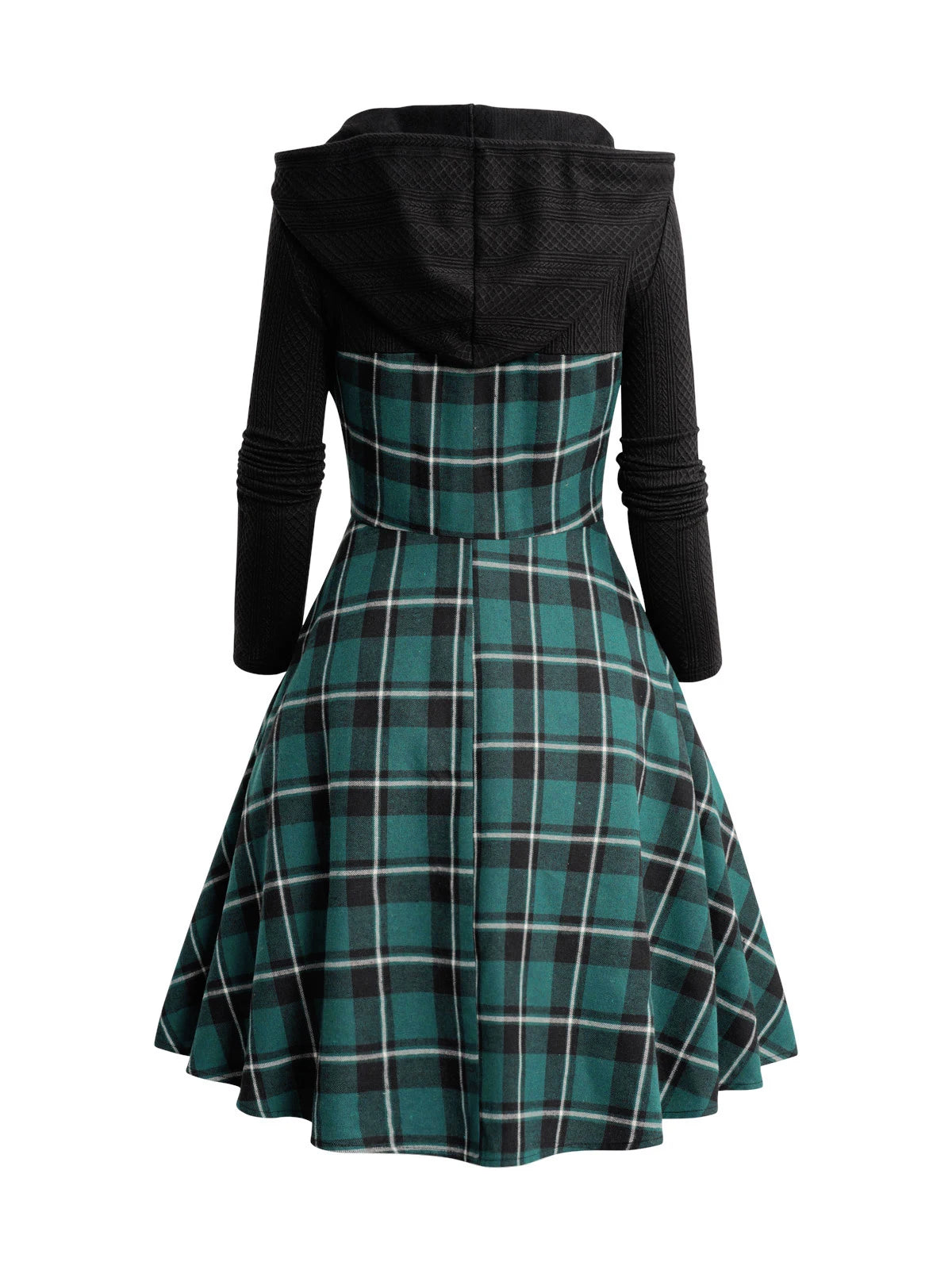 Dressfo 2024 Womens Christmas Dress Plaid Print Drawstring Grommet Buckle Textured Colorblock Hooded Long Sleeve Dress